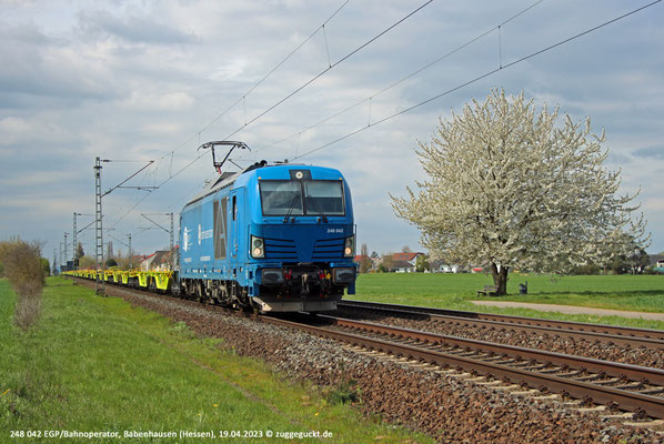 Die gerade vier Monate alte 248 042 trägt Aufschriften der Eisenbahngesellschaft Potsdam und "Bahnoperator". Am 19.04.2023 kommt sie mit ebenfalls recht neuen, dürftig beladenen Containertragwagen durch Babenhausen.