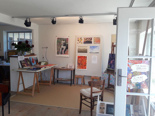 Wand hinten: erste Werke während und nach dem Besuch der Einführungsworkshops (Anja Fehrenbacher, Nicole Bräunl)
