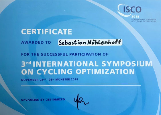 ISCO 2018 - International Symposium on Cycling Optimation (Bikefitting-Zertifikat für Sebastian Mühlenhoff)