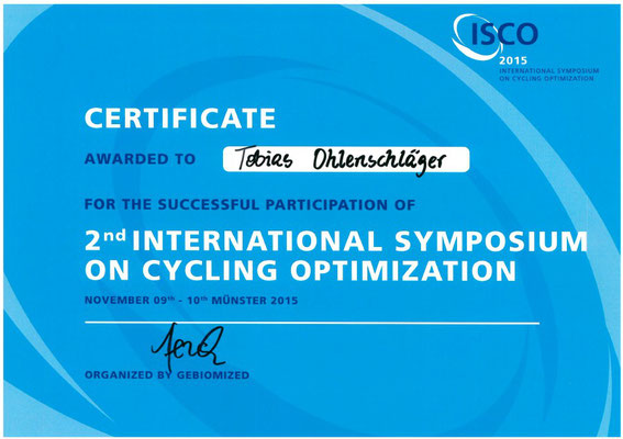 Certificate International Symposium on Cycling Optimization für Tobias Ohlenschläger iQ athletik