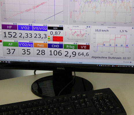 Analyse aller wichtigen Belastungsparameter: Kreislaufsystem, Atmung, Stoffwechsel 