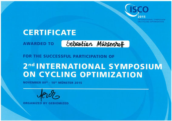 Certificate International Symposium on Cycling Optimization für Sebastian Mühlenhoff iQ athletik