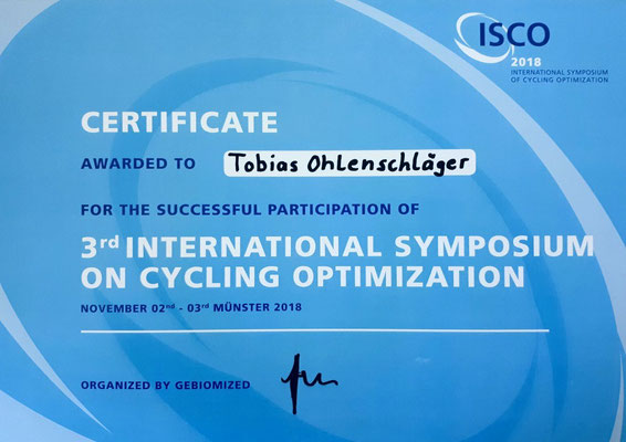 ISCO 2018 - International Symposium on Cycling Optimation (Bikefitting-Zertifikat für Tobias Ohlenschläger)