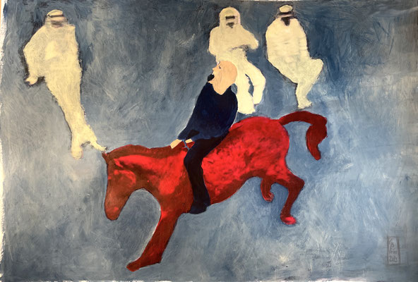 Riding a red horse, 2023 Mixed Media auf Papier -gewachst (30x 21 cm)