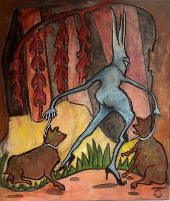 2dogs, 2023, Acryl/Pastellkreide auf Leinwand (60x70 cm)