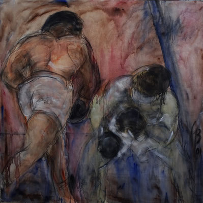 Boxkampf, 2001 Acryl/Kohle auf Leinwand (200 x 200 cm)
