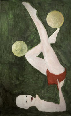 bolitas verdes, 2020 repainting - Acryl/Aquarell/letter press/Wachs auf Karton (15,5 x24cm)