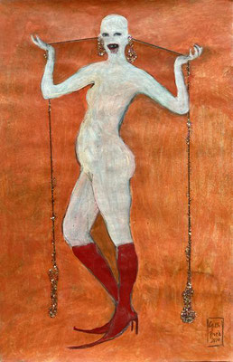 Rote Schuhe 2020, repainting - Acryl/Aquarell/Wachs auf Karton (15,5x 24 cm)