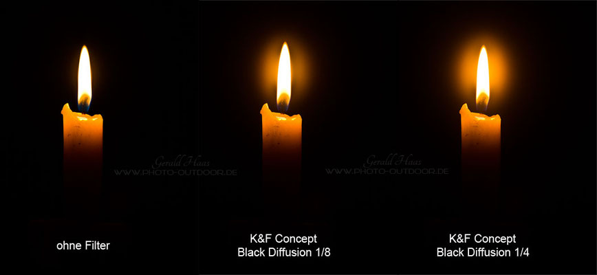 Erst mit dem Black Mist Filter ergibt sich der Lichtschein um die Kerzenflamme. Die Stärke des Scheins ist abhängig von der Filterstärke.