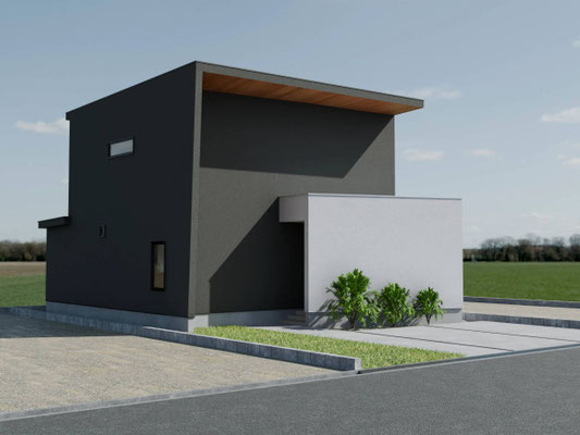 奈良県のモダンな注文住宅の外観。黒い外壁と白い外壁のコントラスト、木目の軒天が特徴的な2階建ての家。手前には芝生と植栽、コンクリートの駐車場がある。