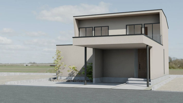 奈良県に建つ注文住宅の外観パース。グレーの塗り壁、広いバルコニー、深い軒下の玄関アプローチ、植栽が調和した2階建てのモダンな住宅。