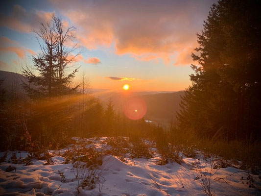Ein Highlight: Sonnenuntergang auf dem Weg vom Pfauenfelsen ins Tal