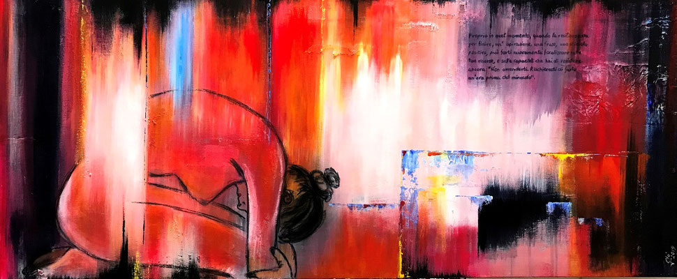 Un'ora prima del miracolo (tecnica mista) 120x50 -2019 Proprio in quel momento quando la resilienza sta per finire, un'ispirazione, una frase, uno stimolo positivo, può farti nuovamente focalizzare sulle tue risorse, e sulle capacità che hai di resistere