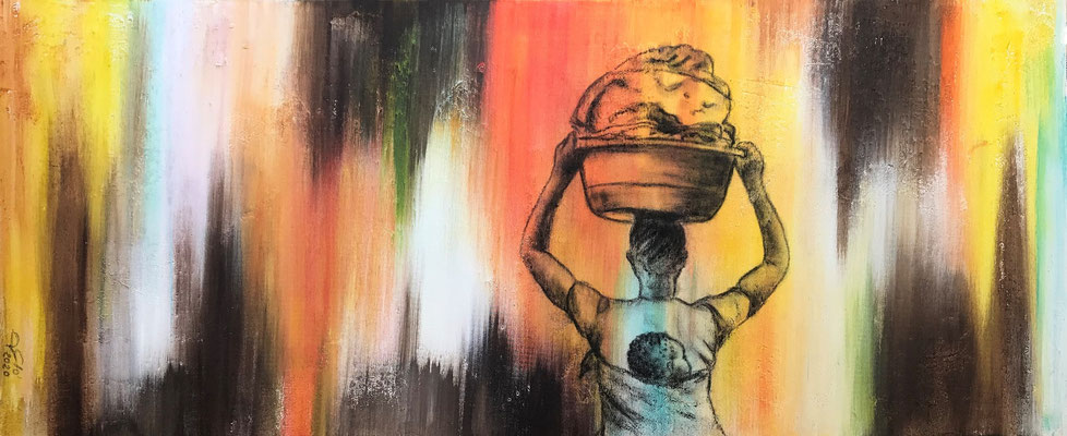 Her Africa (tecnica mista) 50x120 - 2020 If you educate a man you educate an individual, but if you educate a woman you educate a family. (Proverbio africano)