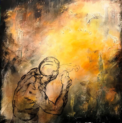 Futuro-Il futuro ci corre incontro a braccia spalancate ma non ci dà il tempo di abbracciarlo (Michelangelo) (tecnica mista) 80x80-2019  Omaggio a Michelangelo