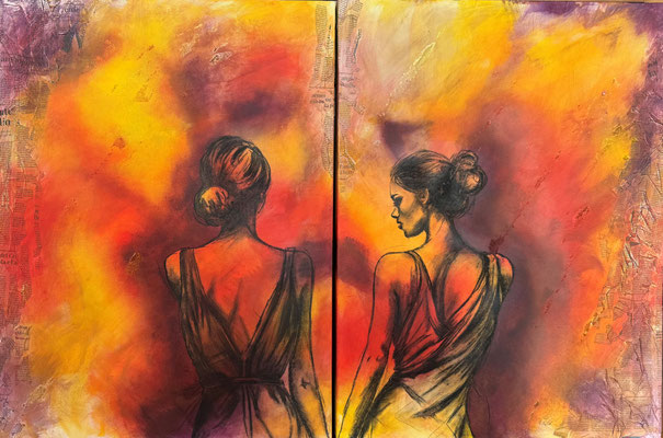 Cammina al mio fianco (80x 120 tecnica mista 2026) "Non camminare davanti a me, potrei non seguirti. Non camminare dietro a me, non saprei condurti. Cammina al mio fianco e saremo sempre amiche(ci)" (citazione attribuita forse ad Albert Camus)