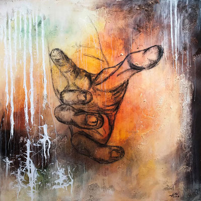Cogli l'attimo (tecnica mista) 80x80-2019 Il destino riserva sempre nuove sorprese, anche quando pensi che tutto sia perduto, cogli l'attimo!  Quando non ho avuto più niente da perdere, ho ottenuto tutto... (P. Coelho) COLLEZIONE PRIVATA