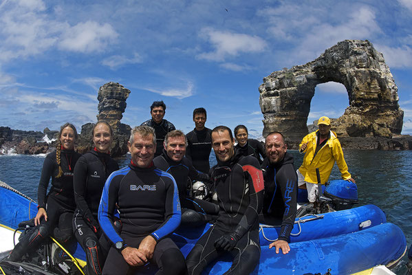 The team of Galapagos Whale Shark Project in from of the Darwin Arch in Galapagos, ©Galapagos Whale Shark Project