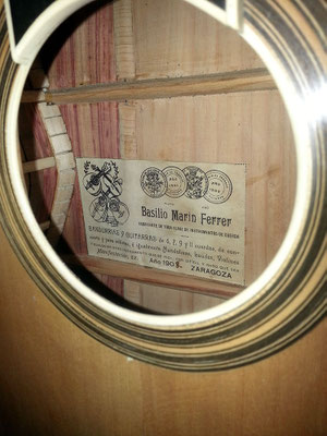 Etiqueta del guitarrero Zaragozano Basilio Marín Ferrer