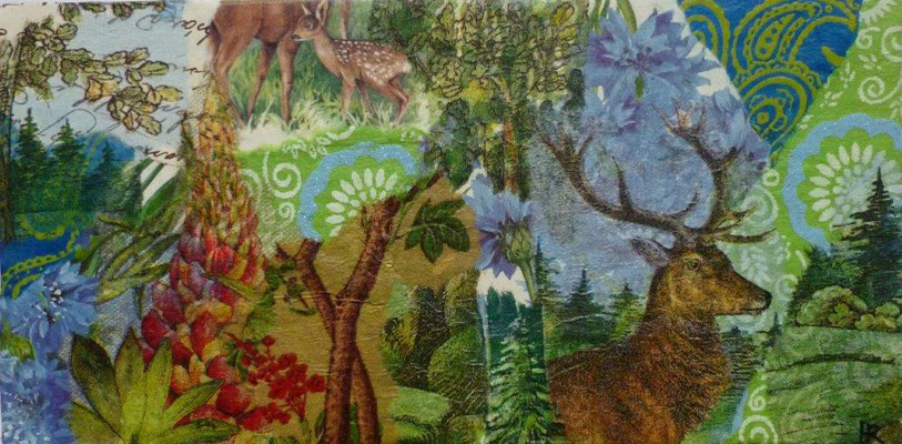 Geschichten aus dem Zauberwald No. 1, 20 x 10 cm, Papiercollage auf Pappwabenplatte