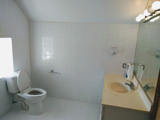 Huge upstairs bathroom with new tile and mirrored wall with Broadway lighting