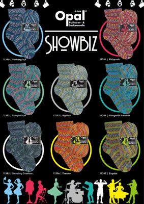 Das Foto zeigt die Farbkarte des Sockengarns Opal Showbiz