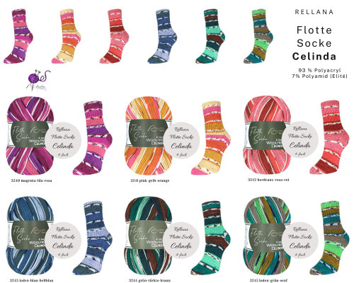 Das Bild zeigt die Farbkarte des Sockengarns Flotte Socke Celinda mit Wollknäuel und Socken