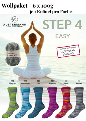 Das Foto zeigt das Wollpaket des Sockengarns Austermann Step 4 EASY. Abgebildet sind Knäuel und Socken mit dem entsprechenden Farbverlauf.