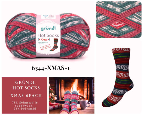 Das Foto zeigt die Farbkarte des Sockengarns Gründl Hot Socks XMAS 6fach. Abgebildet sind alle erhältlichen Farben mit Knäueln und der entsprechenden Farbe.