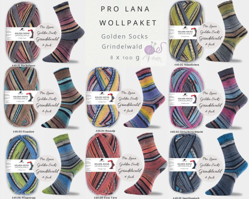 Das Foto zeigt das Wollpaket des Sockengarns Pro Lana Golden Socks Grindelwald. Abgebildet sind Knäuel und Socken mit dem entsprechenden Farbverlauf.