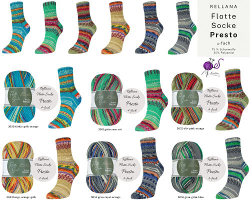 Das Bild zeigt die Farbkarte des Sockengarns Rellana Flotte Socke Presto mit Knäueln und Socken mit entsprechendem Farbverlauf