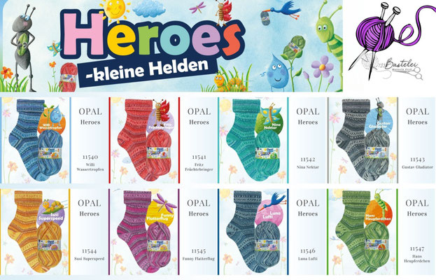 Das Foto zeigt die Farbkarte des Sockengarns Opal Heroes