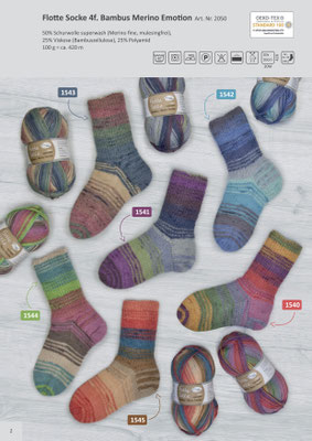Das Bild zeigt die Farbkarte des Sockengarns Flotte Socke Bambus Merino Emotion mit Wollknäuel und Socken