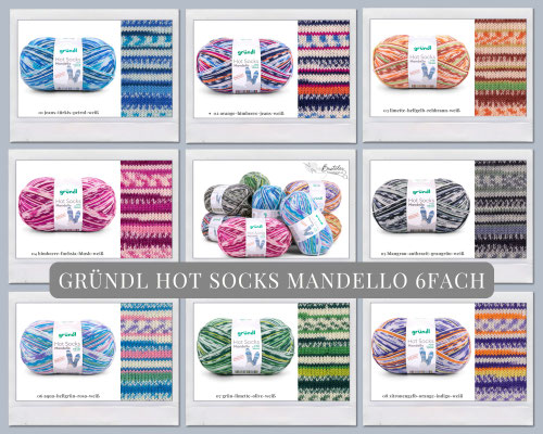Das Foto zeigt die Farbkarte des Sockengarns Gründl Hot Socks Mandello 6fach. Abgebildet sind alle erhältlichen Farben mit Knäueln und der entsprechenden Farbe.