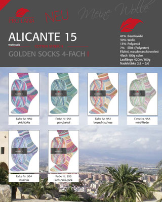 Das Bild zeigt die Farbkarte des Sockengarns Pro Lana Golden Socks Alicante 15 mit Knäueln und Socken mit entsprechendem Farbverlauf