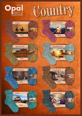 Das Foto zeigt die Farbkarte des Sockengarns Opal Country