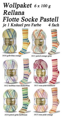 Das Foto zeigt das Wollpaket des Sockengarns Rellana Flotte Socke Pastell. Abgebildet sind Knäuel und Socken mit dem entsprechenden Farbverlauf.