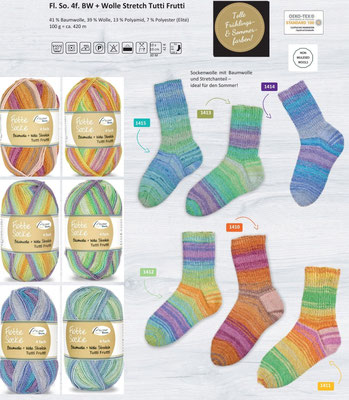 Das Bild zeigt die Farbkarte des Sockengarns Flotte Socke 4fach Baumwolle + Wolle Stretch Tutti Frutti mit Wollknäuel und Socken