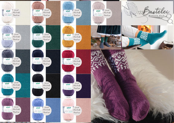 Das Bild zeigt die Farbkarte des Sockengarns Gründl Hot Socks Pearl uni mit Wollknäuel und Socken