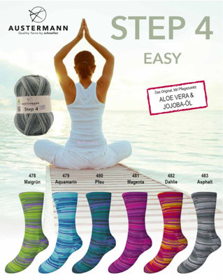 Das Bild zeigt die Farbkarte des Sockengarns Austermann Step 4 EASY mit Wollknäuel und Socken