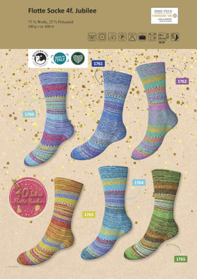 Das Bild zeigt die Farbkarte des Sockengarns Flotte Socke Jubilee mit Wollknäuel und Socken