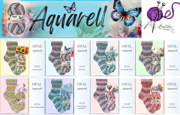Das Foto zeigt die Farbkarte des Sockengarns Opal Aquarell