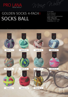 Das Bild zeigt die Farbkarte des Sockengarns Pro Lana Socks Ball. Abgebildet sind die Knäuel und Socken mit dem entsprechenden Farbverlauf