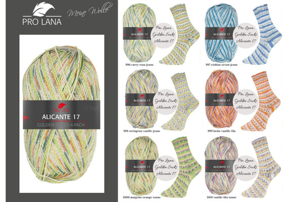 Das Bild zeigt die Farbkarte des Sockengarns Pro Lana Golden Socks Alicante 17 mit Knäueln und Socken mit entsprechendem Farbverlauf