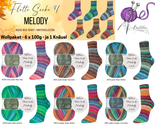Das Foto zeigt das Wollpaket des Sockengarns Rellana Flotte Socke Melody. Abgebildet sind Knäuel und Socken mit dem entsprechenden Farbverlauf.