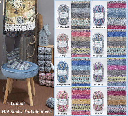 Das Foto zeigt die Farbkarte des Sockengarns Gründl Hot Socks Torbole 6fach. Abgebildet sind alle erhältlichen Farben mit Knäueln und der entsprechenden Farbe.