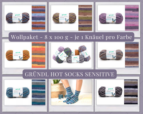 Das Foto zeigt das Wollpaket des Sockengarns Pro Gründl Hot Socks Sensitive. Abgebildet sind Knäuel und Socken mit dem entsprechenden Farbverlauf.