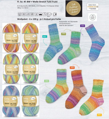 Wollpaket Rellana Flotte Socke 4fach Baumwolle + Wolle Stretch Tutti Frutti