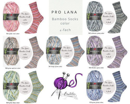 Das Bild zeigt die Farbkarte des Sockengarns Pro Lana Bamboo Socks color. Abgebildet sind die Knäuel und Socken mit dem entsprechenden Farbverlauf