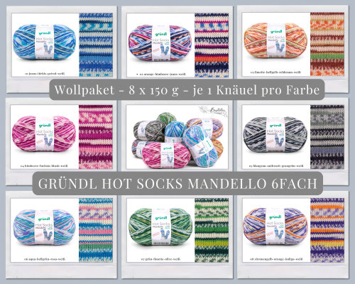 Das Foto zeigt die Farbkarte des Sockengarn-Wollpaketes Gründl Hot Socks Mandello 6fach. Abgebildet sind alle erhältlichen Farben mit Knäueln und der entsprechenden Farbe.
